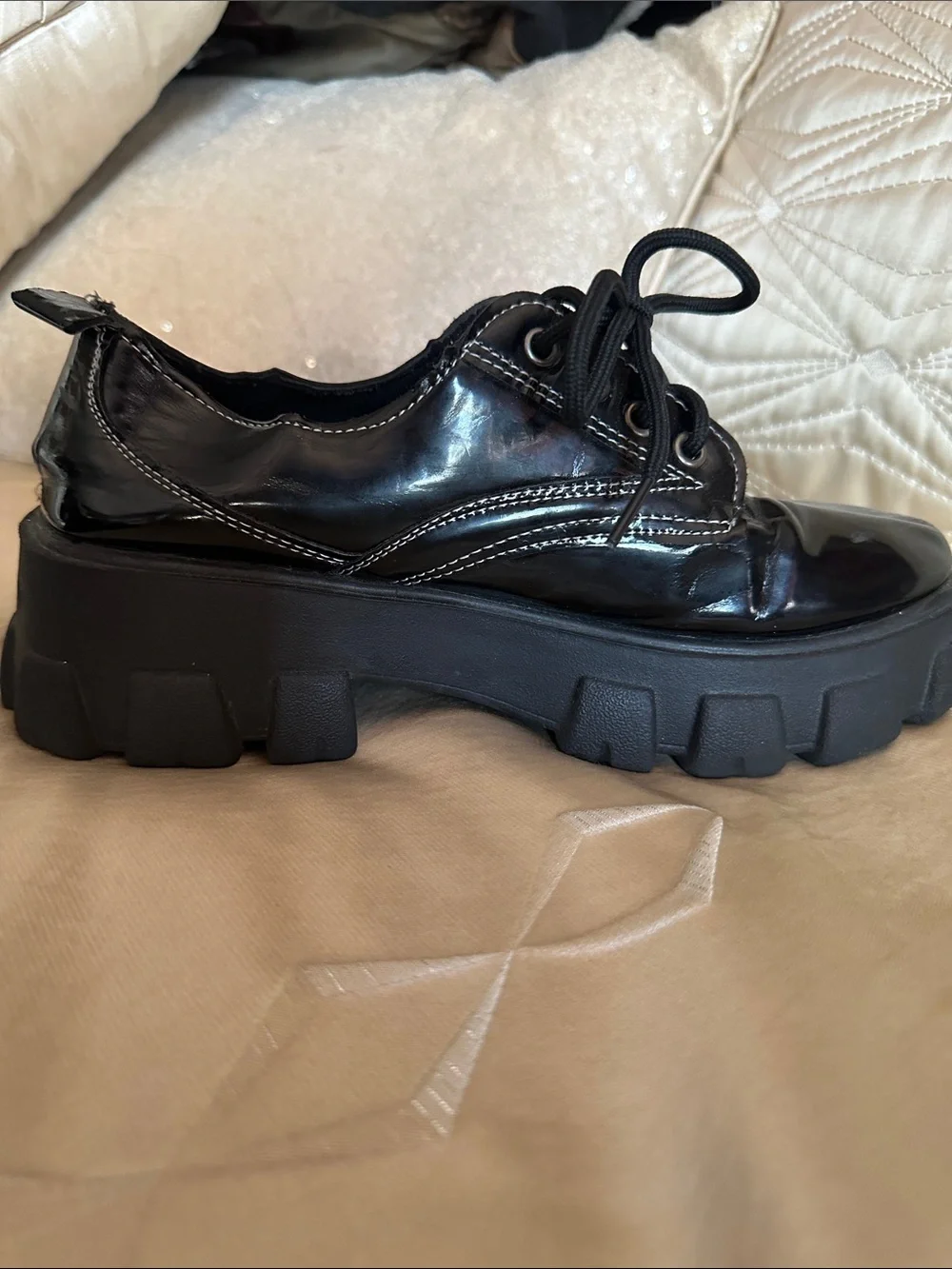 Men's Black Patent Lace-Up Chunky Shoes